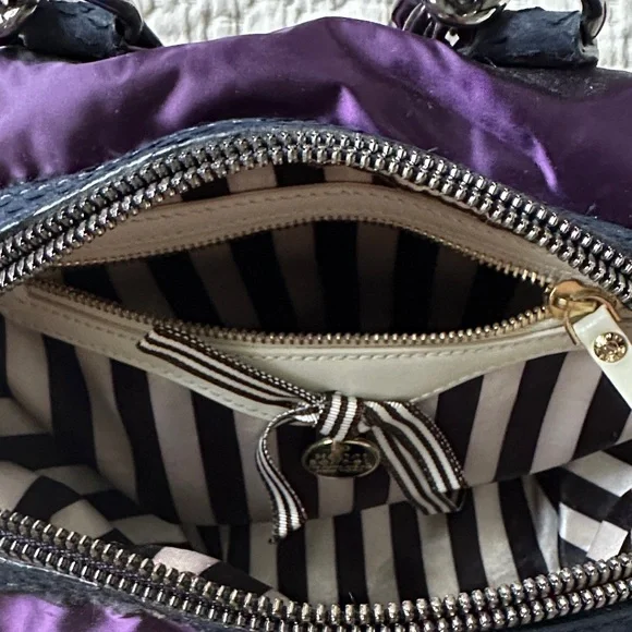 Henri Bendel Purple satin bag with Navy Blue and silver accents - Picture 9 of 16